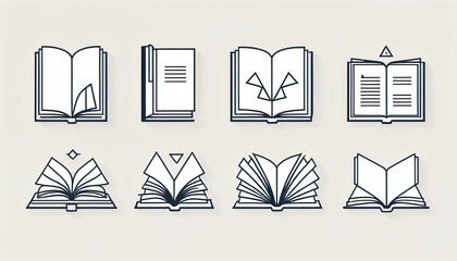 Aufkleber - A minimalist icon set featuring open book illustrations with geometric shapes and simple lines for a clean design aesthetic._00001_