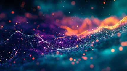 Fototapete - Abstract Digital Landscape with Glowing Points and Lines