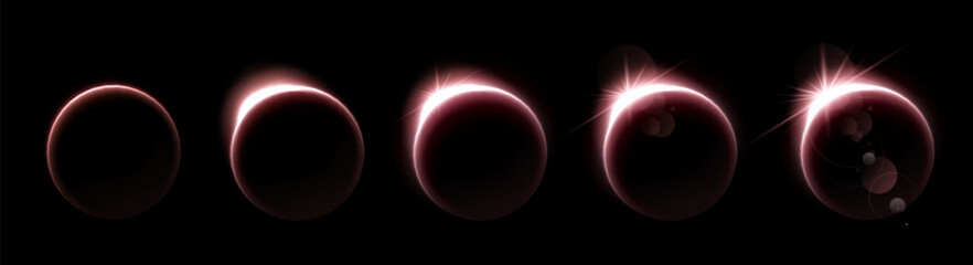 Poster - solar or lunar eclipse phase sprite sheet on black background. vector realistic illustration of neon