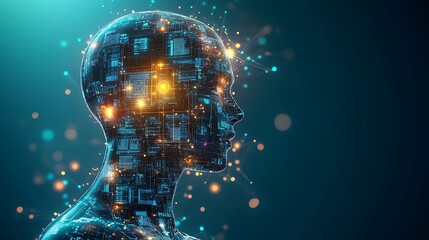 Fototapete - Digital Human Head Composed of Circuitry and Glowing Lines