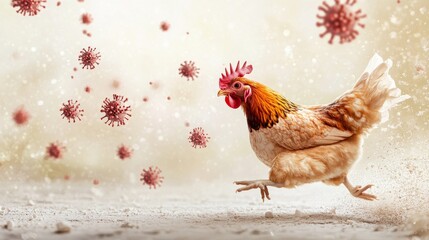 Chickens running away from viruses , Bird flu outbreak , illustration , Generative AI