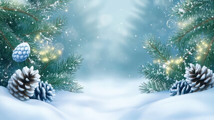 Wall Mural - christmas holiday background with snow, fir tree and decorations with christmas light behind