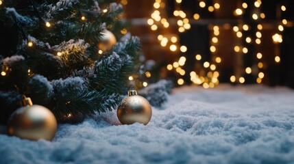 Wall Mural - christmas holiday background with snow, fir tree and decorations with christmas light behind