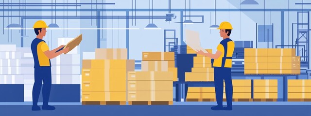 Poster - two warehouse workers organize and manage inventory during a busy day at a distribution center fille