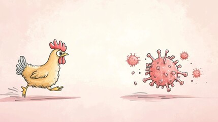 Chickens running away from viruses , Bird flu outbreak , illustration , Generative AI