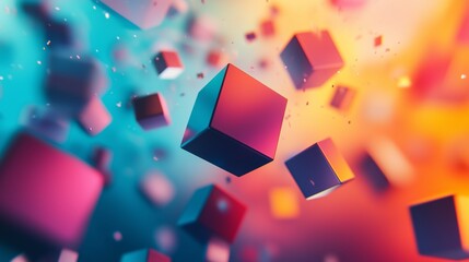 Poster - Colorful geometric cubes floating in a vibrant abstract background during a digital art creation
