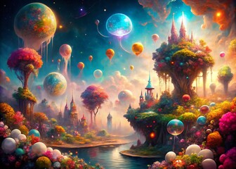 Poster - Abstract Fantasy World with Colorful Particles and Ethereal Landscapes, Vivid Colors, Surreal Elements, Dreamlike Atmosphere, Magical Realm, Enchanted Environment, Imaginative Scenes