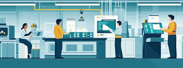 Poster - Modern laboratory workspace with diverse professionals collaborating on technology and research during the day