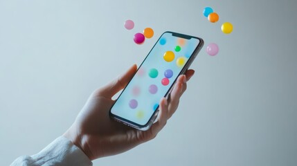 Poster - Woman holding smartphone with colorful bubbles floating on screen and in air, representing social media icons, marketing apps, and digital communication