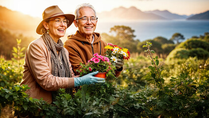 A stock photo of a happy retired couple tending to their garden by the sea and the mountains