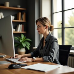 Wall Mural - Mature woman working at desk in architectural office real estate 