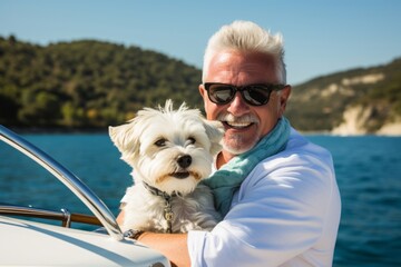 Senior man with his dog on a yacht. Portrait of a happy senior man and his dog.