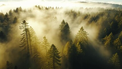 Poster - Golden Hour in the Pines: A breathtaking aerial view of a sun-drenched forest, shrouded in ethereal mist, creates a sense of tranquility and wonder.