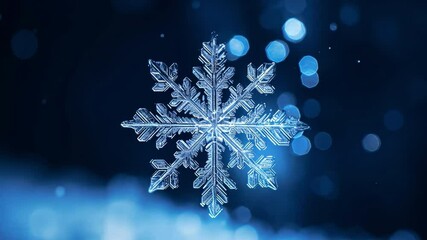 Poster - crystal snowflake macro: a single, intricately detailed snowflake shimmers against a deep blue backg