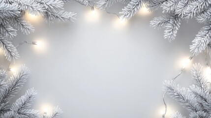 Wall Mural - white christmas background with spruce frosty brunches and christmas lights