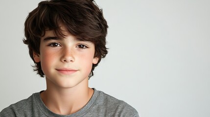 Portrait of an adorable teenage boy captured in a cute pose, set against a clean white background, offering ample copy space for various text options.