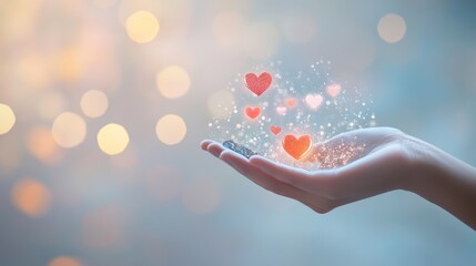 Poster - Hand holding glowing hearts and glitter from smartphone, symbolizing love, social media, or valentine's day, with warm blurred background