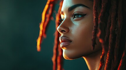 Black young woman with dreadlocks exhibits a pensive look, captured in a way that emphasizes her thoughtful expression and vibrant hairstyle. Perfect for conceptual imagery with copy space.