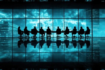 Poster - Silhouettes of Businesspeople in a Meeting Room with a City View