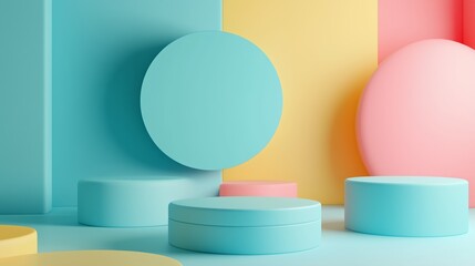 Poster - Colorful geometric shapes in a modern abstract setting featuring pastel hues of pink, yellow, and blue during daylight