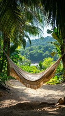 Wall Mural - A cozy hammock hangs between palm trees on a sandy path, inviting relaxation in a tropical paradise filled with vibrant foliage in the bright sunlight