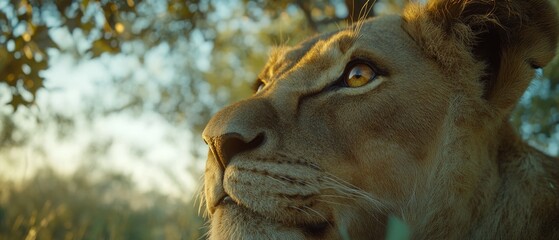 Wall Mural - A lioness quietly surveys her environment, highlighted by the warm glow of the setting sun, showcasing the beauty and majesty of African wildlife