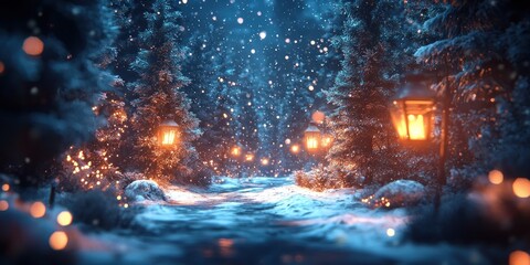 Poster - Enchanting Snow-Covered Forest Path with Glowing Lanterns