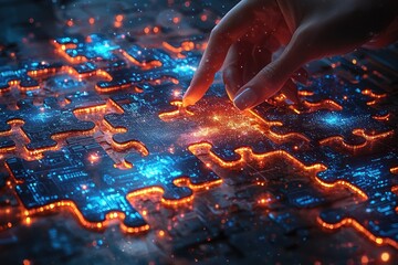 Poster - A Hand Completing a Futuristic Puzzle of Interconnected Circuitry
