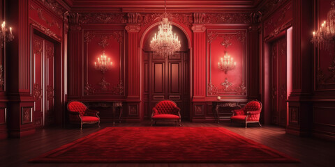 Red Interior. Luxury Interior of Royal Palace with Red Velvet Armchairs, Ornate Chandelier and Baroque Details. Posh and Rish Palace Interior Background in Red Color