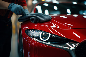 Man is polishing a red car. The car is shiny and clean. The man is wearing gloves and he is focused on his task