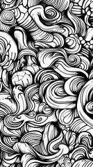 Poster - The artwork showcases a dynamic arrangement of swirling shapes and patterns in black and white, creating a vibrant visual experience full of movement
