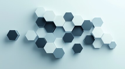 Poster - Abstract arrangement of hexagonal tiles in varying shades of blue and gray on a light background