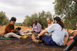 © PintoArt - Multiracial olive farmers taking break in orchard during harvest