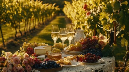 A romantic picnic in a vineyard with a selection of wine, cheese, and fruit.