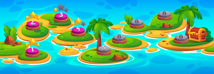 Poster - game levels map with floating tropical islands in sea or ocean water with sand and green grass, palm