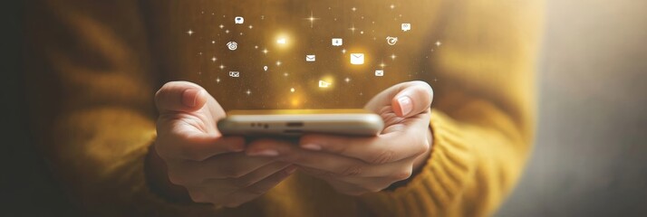 Poster - Woman is holding a smartphone with glowing social media icons emerging from it, representing the concept of social media marketing and mobile app usage