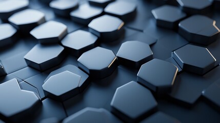 Poster - Abstract close-up of dark hexagonal tiles arranged on a surface creating an intricate geometric pattern