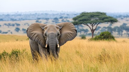 Wall Mural - An elephant stands gracefully in the tall grass of the African savanna, with sparse trees silhouetted against the evening sky, highlighting nature's beauty