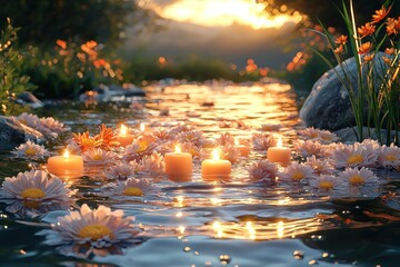 Poster - Candles and Flowers Floating on a River at Sunset
