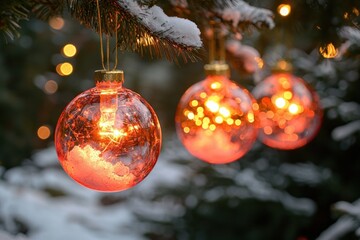 Poster - Illuminated Christmas Ornaments Hanging on a Snowy Evergreen Branch