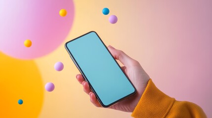 Poster - Woman using smartphone with colorful pastel gradient background and floating spheres, showcasing a modern and vibrant concept for mobile technology, apps, and social media marketing