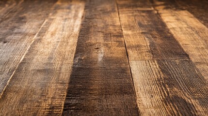 Poster - Empty brown wood planks create a rustic ground. The warm tones of the brown wood planks invite a soft light, perfect for adding personal touches in the composition. Copy space is available.