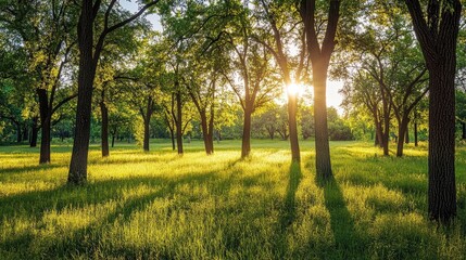 Wall Mural - Morning sunlight filters beautifully through a forest, illuminating a meadow while highlighting the natural beauty of beautiful trees during summer. Ample photo space available.