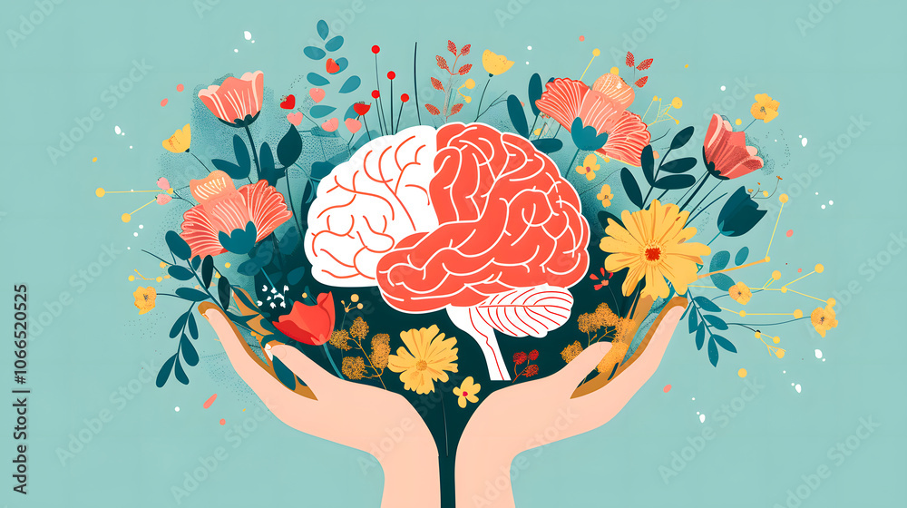Hands holding paper head human brain with flowers self care and mental ...