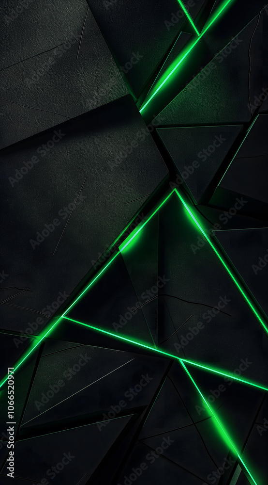 Background with dark geometric shapes and glowing green lines creating ...