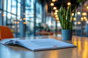 Aufkleber - Open Book on Wooden Table with Blurry Background of Plants, Lights, and Windows