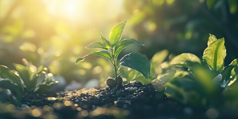 Wall Mural - A green plant emerging from a seed in the bright morning sunlight, showcasing the beauty of natures growth and renewal at the start of the day.