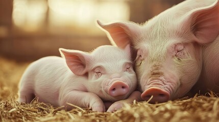 A mother pig and her piglet snuggling together in a bed of hay