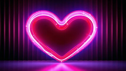 Aufkleber - Neon Heart Stage: Glowing heart-shaped neon sign on dark stage with curtains. Perfect for Valentine's Day, love, romance, and passion.
