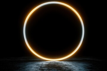 Poster - Glowing Neon Circle Ring with White and Orange Light on a Dark Background